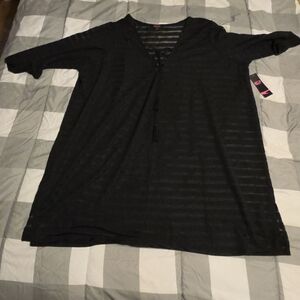 3X Black Semi Sheer Striped Swimsuit Cover Up